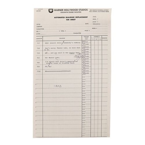 Lot #694: STAR WARS: RETURN OF THE JEDI (1983) - Anthony Daniels Collection: Endor Arrival ADR Cue Sheet with Anthony Daniels' Annotations