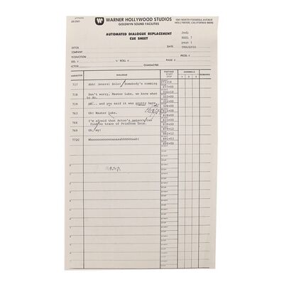 Lot #694: STAR WARS: RETURN OF THE JEDI (1983) - Anthony Daniels Collection: Endor Arrival ADR Cue Sheet with Anthony Daniels' Annotations