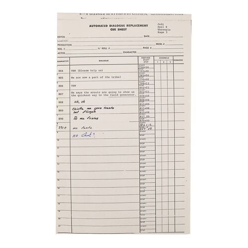 Lot #695: STAR WARS: RETURN OF THE JEDI (1983) - Anthony Daniels Collection: Ewok Language ADR Cue Sheet with Anthony Daniels' Handwritten Dialogue