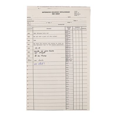 Lot #695: STAR WARS: RETURN OF THE JEDI (1983) - Anthony Daniels Collection: Ewok Language ADR Cue Sheet with Anthony Daniels' Handwritten Dialogue