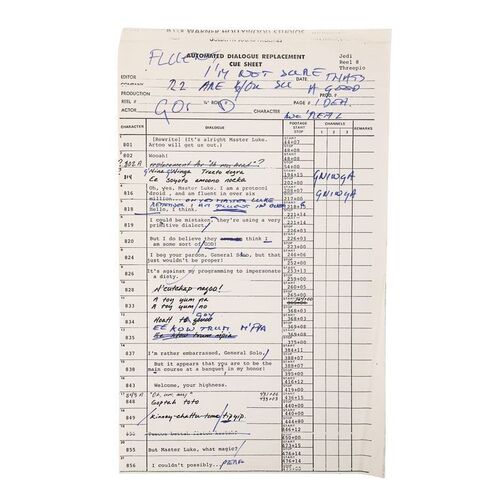 Lot #696: STAR WARS: RETURN OF THE JEDI (1983) - Anthony Daniels Collection: Ewok Language ADR Cue Sheet with Handwritten Notes and Corrections