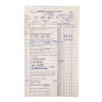Lot #696: STAR WARS: RETURN OF THE JEDI (1983) - Anthony Daniels Collection: Ewok Language ADR Cue Sheet with Handwritten Notes and Corrections