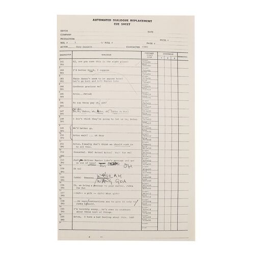 Lot #697: STAR WARS: RETURN OF THE JEDI (1983) - Anthony Daniels Collection: Jabba's Palace ADR Cue Sheet with Anthony Daniels' Annotations