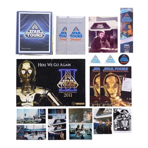 Lot #700: STAR WARS: STAR TOURS (1987) - Anthony Daniels Collection: Hand-annotated Scripts, Lenticular Photo, "Spacesickness" Sick Bag, Photographs of Anthony Daniels and George Lucas, and Assorted Paraphernalia