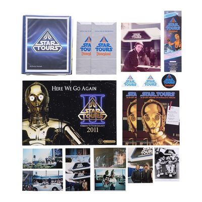 Lot #700: STAR WARS: STAR TOURS (1987) - Anthony Daniels Collection: Hand-annotated Scripts, Lenticular Photo, "Spacesickness" Sick Bag, Photographs of Anthony Daniels and George Lucas, and Assorted Paraphernalia