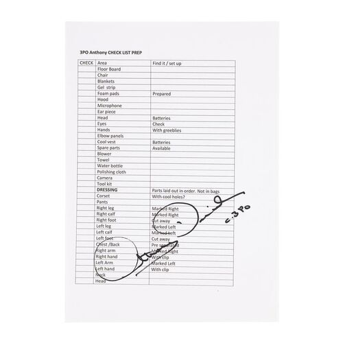 Lot #704: STAR WARS: THE RISE OF SKYWALKER (2019) - Anthony Daniels Collection: Anthony Daniels' Autographed Daily Preparation Checklist
