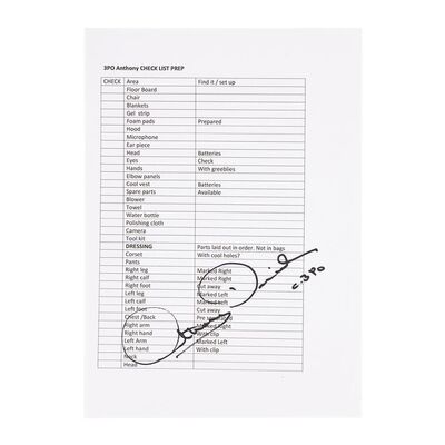 Lot #704: STAR WARS: THE RISE OF SKYWALKER (2019) - Anthony Daniels Collection: Anthony Daniels' Autographed Daily Preparation Checklist