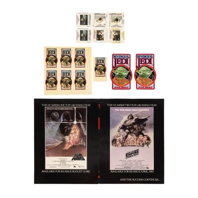 Lot #714: STAR WARS: RETURN OF THE JEDI (1983) - Anthony Daniels Collection: Six 35mm Slides, Revenge of the Jedi Yoda Stickers, Patches, and World Premiere Advertising Supplement