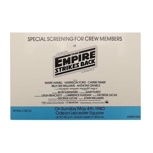 Lot #721: STAR WARS: THE EMPIRE STRIKES BACK (1980) - Anthony Daniel's Personal Ticket to the Crew Member Screening