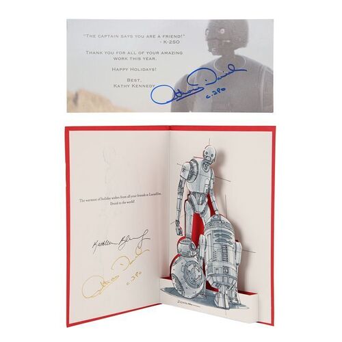 Lot #731: STAR WARS: VARIOUS PRODUCTIONS - Anthony Daniels Collection: Pair of Autographed Holiday Cards from Kathleen Kennedy