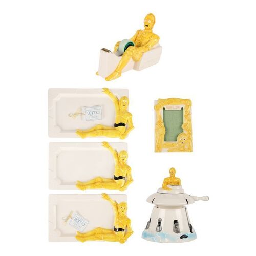 Lot #772: STAR WARS: VARIOUS PRODUCTIONS - Anthony Daniels Collection: Three Ceramic Pencil Trays, Tape Dispenser, Picture Frame and Rotating Hoth Turret Music Box