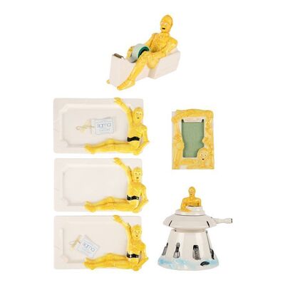 Lot #772: STAR WARS: VARIOUS PRODUCTIONS - Anthony Daniels Collection: Three Ceramic Pencil Trays, Tape Dispenser, Picture Frame and Rotating Hoth Turret Music Box