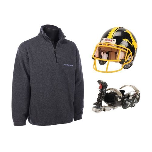 Lot #796: THE 6TH DAY (2000) - Adam Gibson's (Arnold Schwarzenegger) Helicopter Remote Control and a Roadrunners American Football Helmet