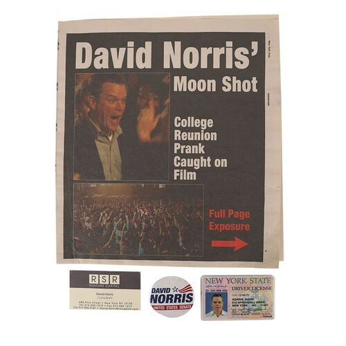 Lot #805: THE ADJUSTMENT BUREAU (2011) - David Norris' (Matt Damon) Driving Licence, Business Card, Newspaper Page and Campaign Pin