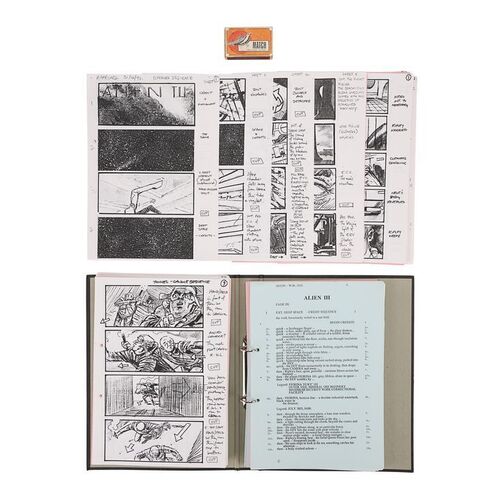 Lot #830: ALIEN3 (1992) - Nick Gillard Collection: Nick Gillard's Personal Shooting Script, Storyboards and Weyland-Yutani Matchbox