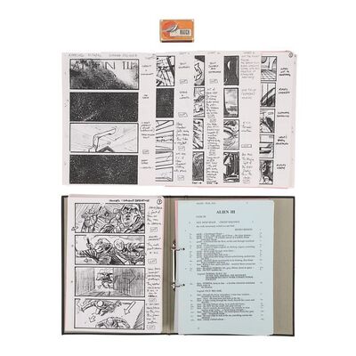 Lot #830: ALIEN3 (1992) - Nick Gillard Collection: Nick Gillard's Personal Shooting Script, Storyboards and Weyland-Yutani Matchbox