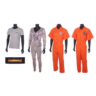 Lot #850: ARMAGEDDON (1998) - Rockhound's (Steve Buscemi) Coolsuit and Freedom Shuttle T-shirt, Cast Chair Back and Pair of Crew Coveralls with Original Film Patches