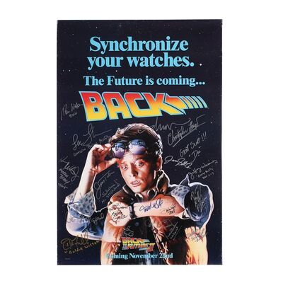Lot #870: BACK TO THE FUTURE PART II (1989) - Advance Poster Autographed by Michael J. Fox, Christopher Lloyd, Cast and Crew