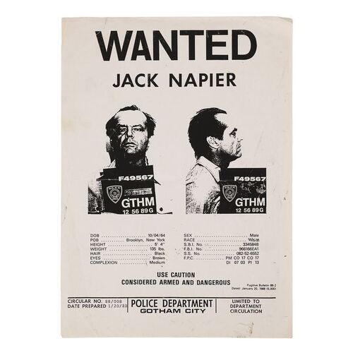 Lot #878: BATMAN (1989) - Jack Napier (Jack Nicholson) Wanted Flyer