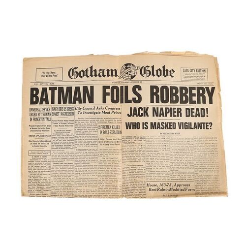Lot #880: BATMAN (1989) - Gotham Globe "Batman Foils Robbery &Atilde;&cent;&acirc;&sbquo;&not;&acirc;&euro;&oelig; Jack Napier Dead" Newspaper