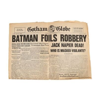 Lot #880: BATMAN (1989) - Gotham Globe "Batman Foils Robbery &Atilde;&cent;&acirc;&sbquo;&not;&acirc;&euro;&oelig; Jack Napier Dead" Newspaper
