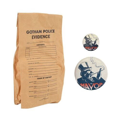 Lot #888: BATMAN RETURNS (1992) - Pair of Cobblepot Campaign Badges and Evidence Bag