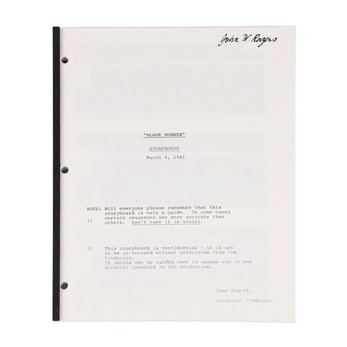 Lot #940: BLADE RUNNER (1982) - Geoff Hutchins Collection: March 1981 Production Storyboard Binder