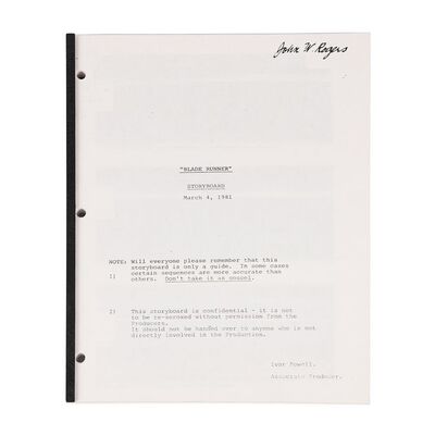 Lot #940: BLADE RUNNER (1982) - Geoff Hutchins Collection: March 1981 Production Storyboard Binder