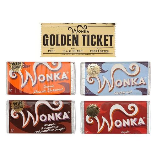 Lot #976: CHARLIE AND THE CHOCOLATE FACTORY (2005) - Golden Ticket and Set of Four Wonka Bars