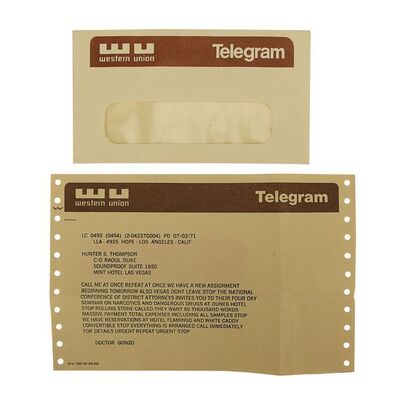 Lot #1065: FEAR AND LOATHING IN LAS VEGAS (1998) - Raoul Duke's (Johnny Depp) Telegram and Envelope