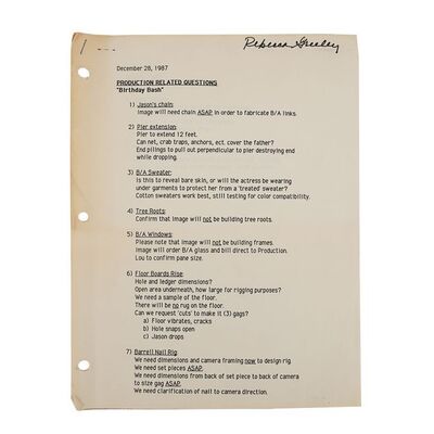 Lot #1087: FRIDAY THE 13TH PART VII: THE NEW BLOOD (1988) - List of "Birthday Bash" Production Related Questions