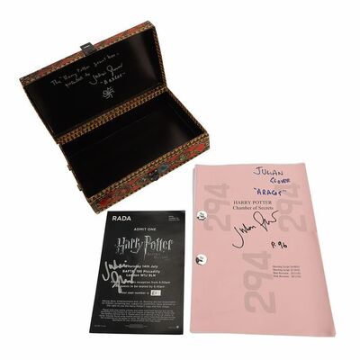 Lot #1167: HARRY POTTER AND THE CHAMBER OF SECRETS (2002) - Julian Glover's Personal Highlighted Script, Crew Gift and Autographed Screening Ticket