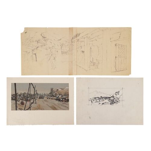 Lot #1210: INDIANA JONES AND THE RAIDERS OF THE LOST ARK (1981) - Hand-drawn and Painted Tanis Dig Site and The Raven Tavern Artwork