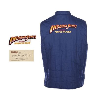 Lot #1221: INDIANA JONES AND THE TEMPLE OF DOOM (1984) - Crew Gilet, Prototype Patch and Joanna Johnston-signed Compliments Slip