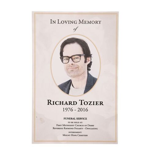 Lot #1236: IT CHAPTER TWO (2019) - Richard Tozier (Bill Hader) Funeral Service Card