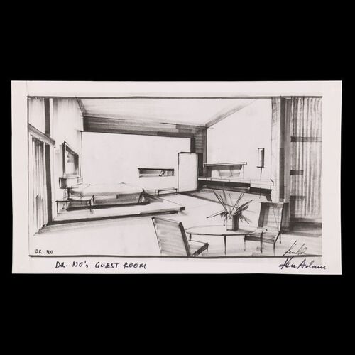 Lot #1240: JAMES BOND: DR. NO (1962) - Ken Adam Signed Printed Production Design of Dr No's Guestroom