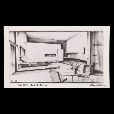 Lot #1240: JAMES BOND: DR. NO (1962) - Ken Adam Signed Printed Production Design of Dr No's Guestroom