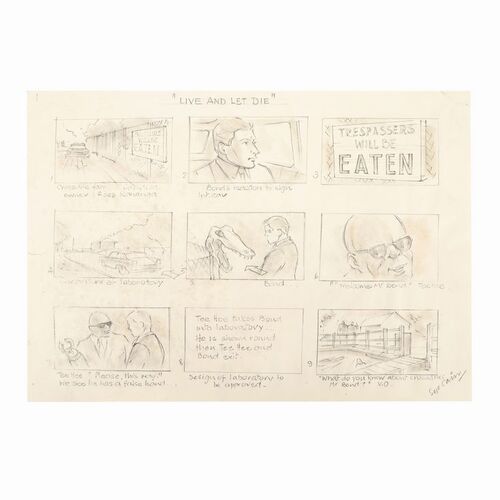 Lot #1249: JAMES BOND: LIVE AND LET DIE (1973) - Hand-drawn Syd Cain Storyboard Page