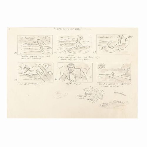 Lot #1250: JAMES BOND: LIVE AND LET DIE (1973) - Hand-drawn Syd Cain Storyboard Page