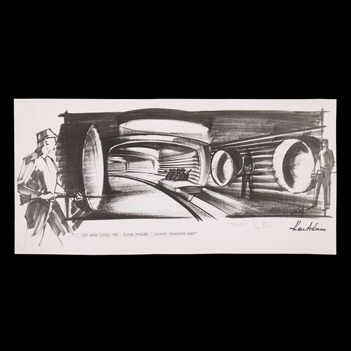 Lot #1256: JAMES BOND: THE SPY WHO LOVED ME (1977) - Ken Adam Printed Production Design of Linear Induction Craft Signed by Adam and Roger Moore