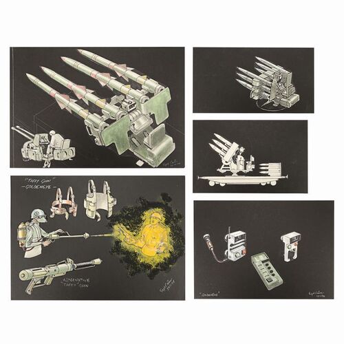 Lot #1274: JAMES BOND: GOLDENEYE (1995) - Hand-drawn Syd Cain Taffy Gun and Weapon Designs