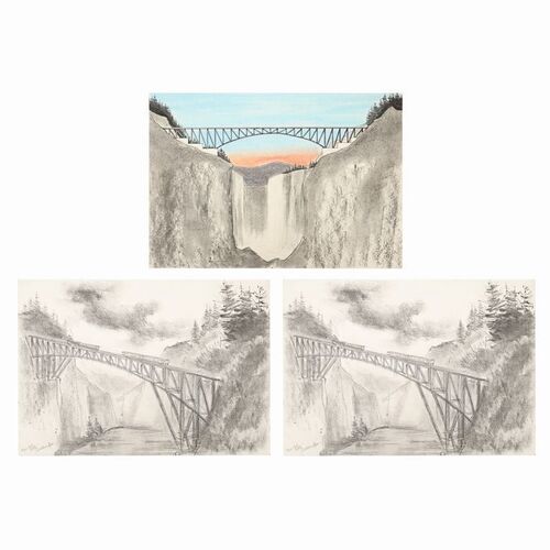 Lot #1275: JAMES BOND: GOLDENEYE (1995) - Hand-drawn Syd Cain Train and Bridge Concept Sketches