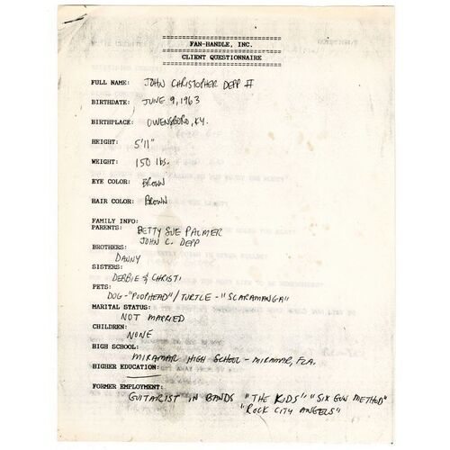 Lot #1314: JOHNNY DEPP - Printed Johnny Depp Questionnaire