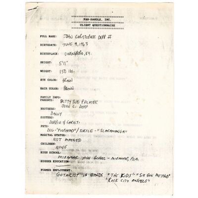 Lot #1314: JOHNNY DEPP - Printed Johnny Depp Questionnaire