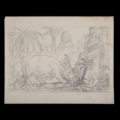 Lot #1338: KING OF THE GENIIS (1973) - Hand-drawn Ray Harryhausen Concept Sketch of Charging Styracosaurus