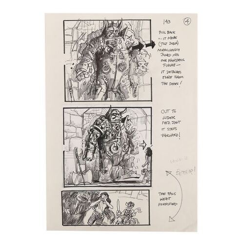 Lot #1353: LABYRINTH (1986) - Martin Asbury Hand-drawn Pencil-and-ink Storyboard Sheet for Humongous Detatching From Door