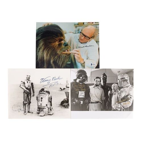 Lot #1594: STAR WARS: A NEW HOPE (1977) - Set of Three Autographed Stills: Dave Prowse, Kenny Baker & Stuart Freeborn