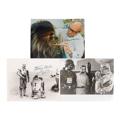 Lot #1594: STAR WARS: A NEW HOPE (1977) - Set of Three Autographed Stills: Dave Prowse, Kenny Baker & Stuart Freeborn