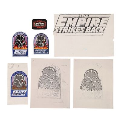 Lot #1600: STAR WARS: THE EMPIRE STRIKES BACK (1983) - Ralph McQuarrie Hand-coloured and Printed Crew Patch Artwork, Printed Title Artwork and Patches