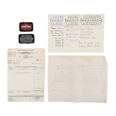 Lot #1601: STAR WARS: THE EMPIRE STRIKES BACK (1983) - Ralph McQuarrie Hand-drawn Title Artwork, Patches and Handwritten Notes